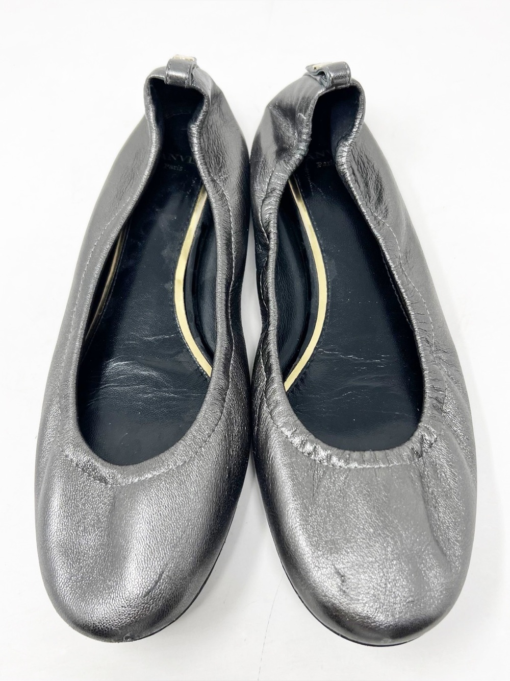 Lanvin Paris Pewter Silver Metallic Round Toe Ballet Flat Shoes Sz 9